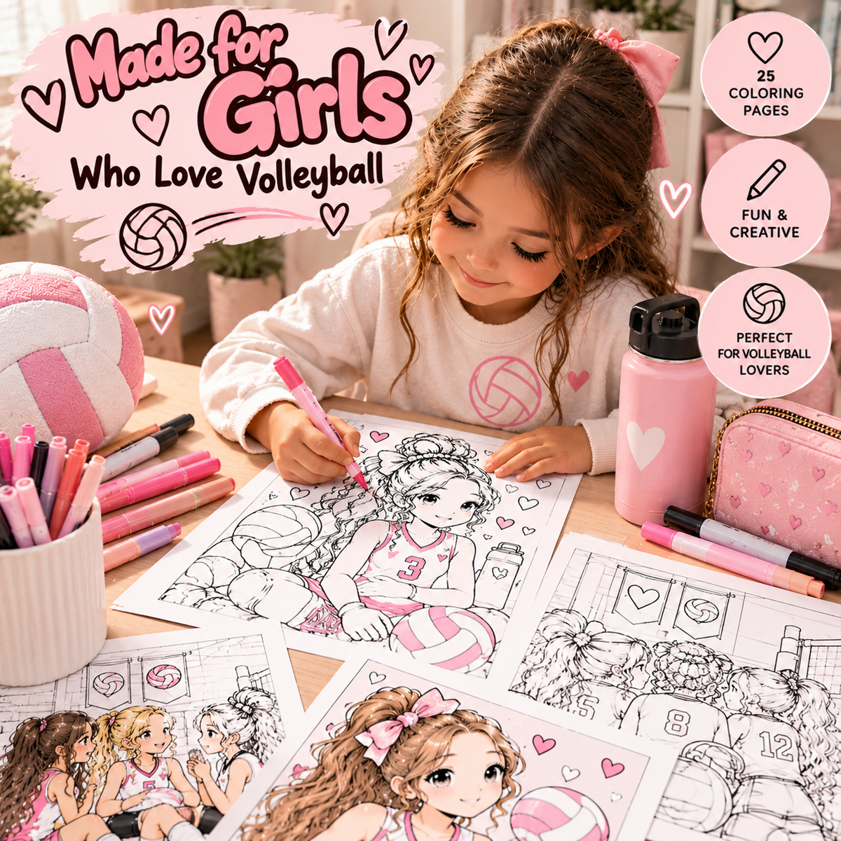 Volleyball Girls Coloring Book Printable PDF | Volleyball Coloring Pages for Girls | Kids Sports Activity Book | Instant Download