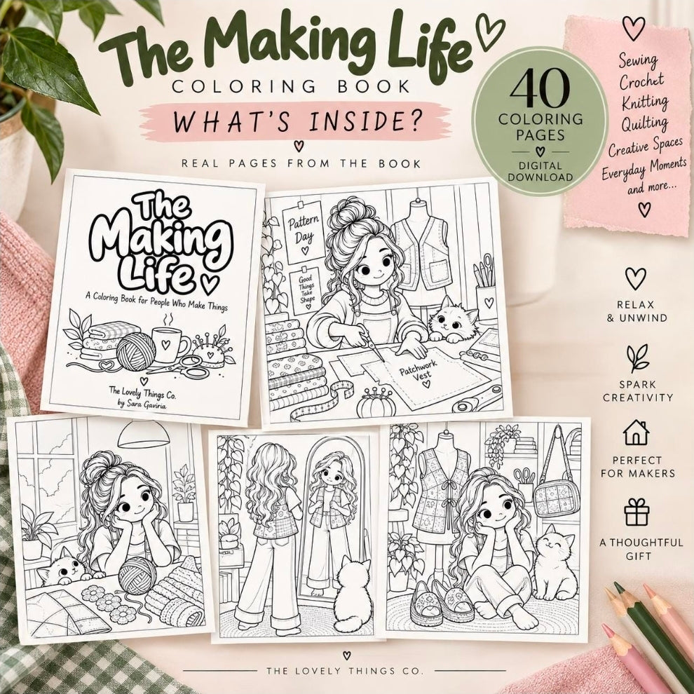 The making life Coloring Book | 40 Printable pages for Sewing, Crochet, Quilting & Knitting | Digital Download